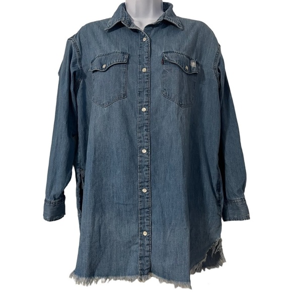 Levi's Denim Pearl Snap Distressed Western Long Sleeve Pockets Button Down Sz XS - Picture 1 of 16